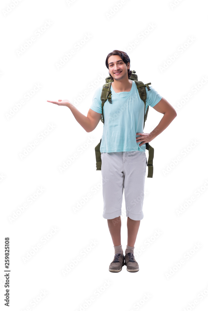 Young handsome tourist isolated on white 