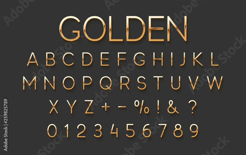 Golden Chic font. Elegant delicate gold letters and numbers