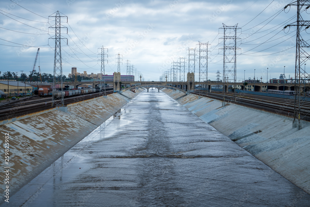Los Angeles River industrial, train tracks, bridge water river