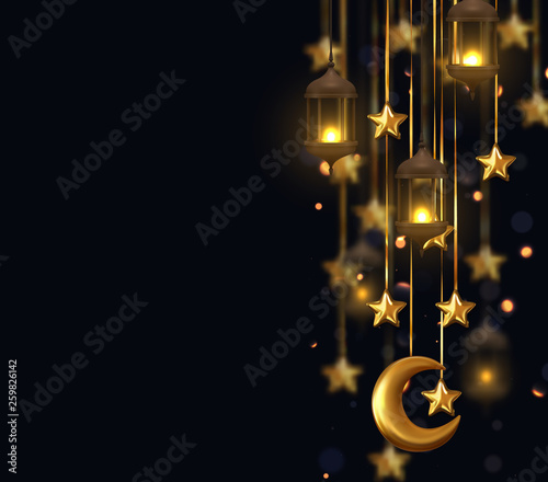 Gold star decorations with old lamps hanging on golden ribbon