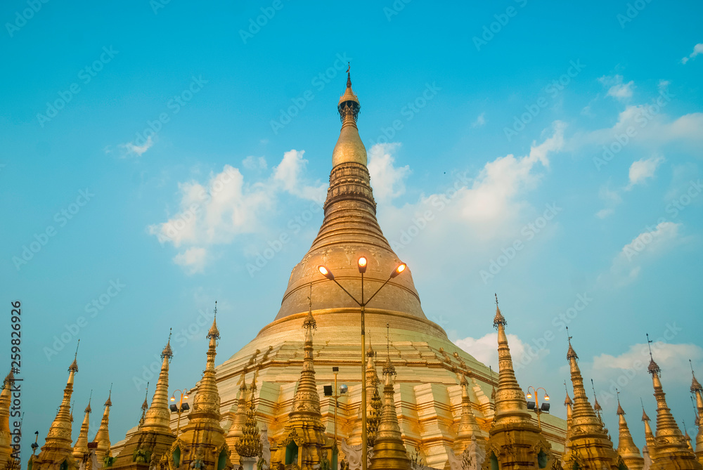 Sunset over Shwedagon Pagoda (Golden Pagoda) national icon of Myanmar in Yangon