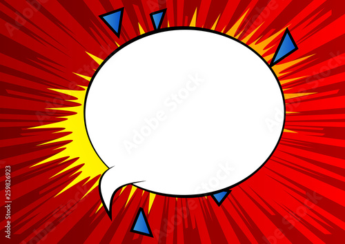 Vector illustrated retro comic book background with big blank speech bubble, pop art vintage style backdrop.