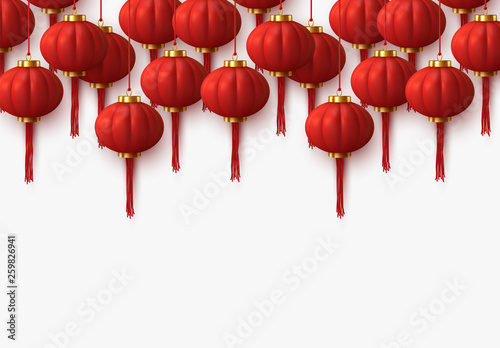 Background Chinese red lanterns hanging on ribbon.