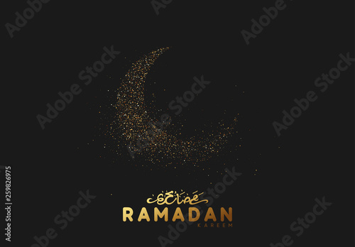Ramadan background. Design is sand with golden squeak of silhouette half month.
