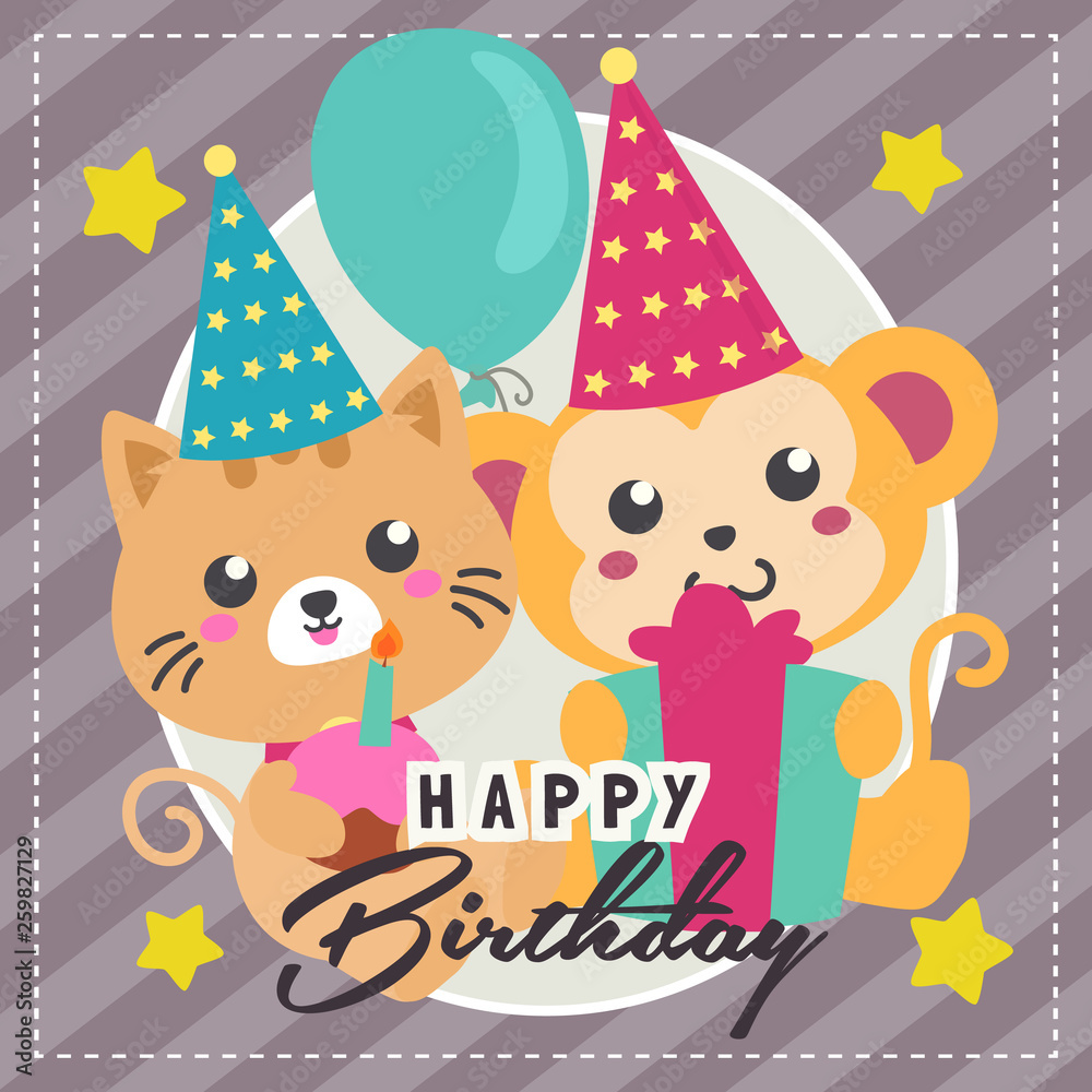 happy birthday card with cute cat and monkey animal