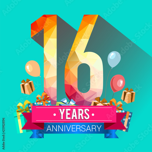 16 Years Anniversary Celebration Design, with gift box and balloons, red ribbon, Colorful polygonal logotype, Vector template elements for your birthday party.