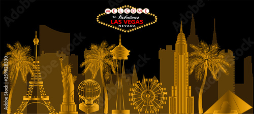 Las Vegas red and white lettering. Vector with skycrapers , travel icon