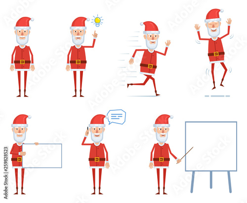 Set of Santa Claus characters posing in different situations. Cheerful Santa pointing up, running, jumping, talking to phone, teaching, holding blank banner. Flat style vector illustration