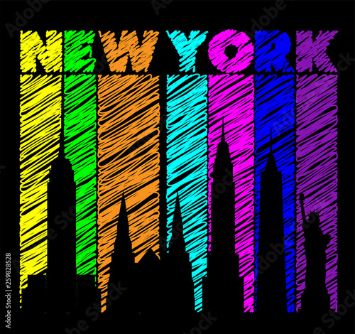 New York colorful lettering. Vector with travel icons on colorful background. Travel Postcard