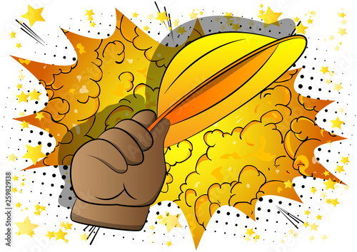 Vector cartoon hand tipping a hat. Illustrated hand on comic book background.