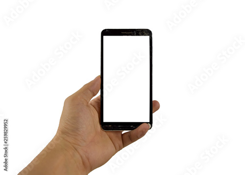 Man hand holding black phone with cracks, isolated on white clipping path inside