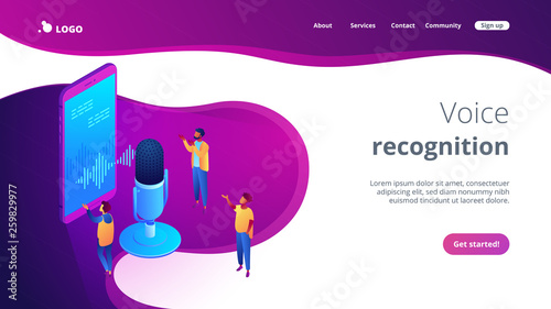 Users with microphone talk to voice assistant in smartphone. Personal voice assistant, voice recognition, soundwave intelligent technologies concept. Isometric 3D website app landing web page template