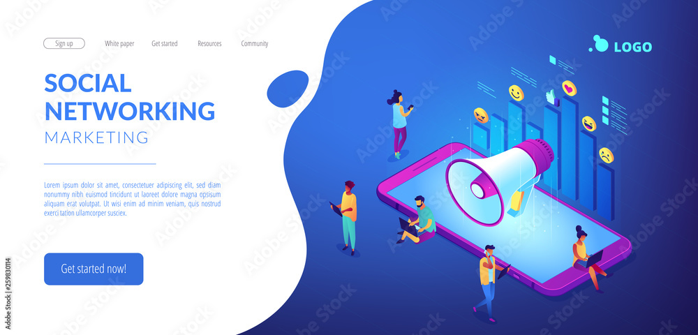 Smartphone with megaphone and social media icons diagram. Social media marketing, internet marketing, social networking marketing concept. Isometric 3D website app landing web page template