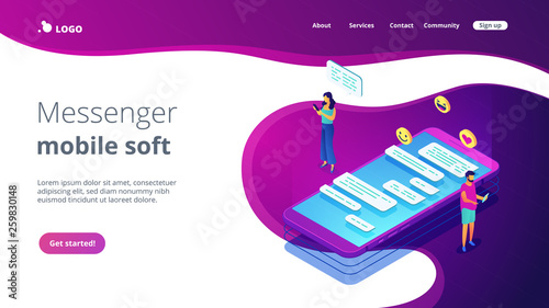 Businessman and woman and chatting conversation on smartphone with emoticons. Messaging application, mobile chat app, messenger mobile soft concept. Isometric 3D website app landing web page template