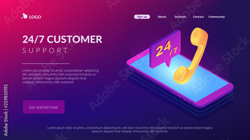 Mobile phone with handset and customer service available 24 7. Mobile customer service, 24 7 customer support, mobile self-service concept. Isometric 3D website app landing web page template