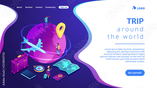 Tourists with suitcase and backpacks travelling around the globe by plane. Global travelling, trip around the world, international tourism concept. Isometric 3D website app landing web page template