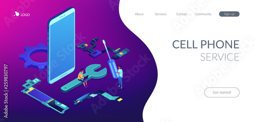 Technicians repair big broken smartphone with screwdriver, wrench and laptop. Smartphone repair, cell phone service, same day repair concept. Isometric 3D website app landing web page template