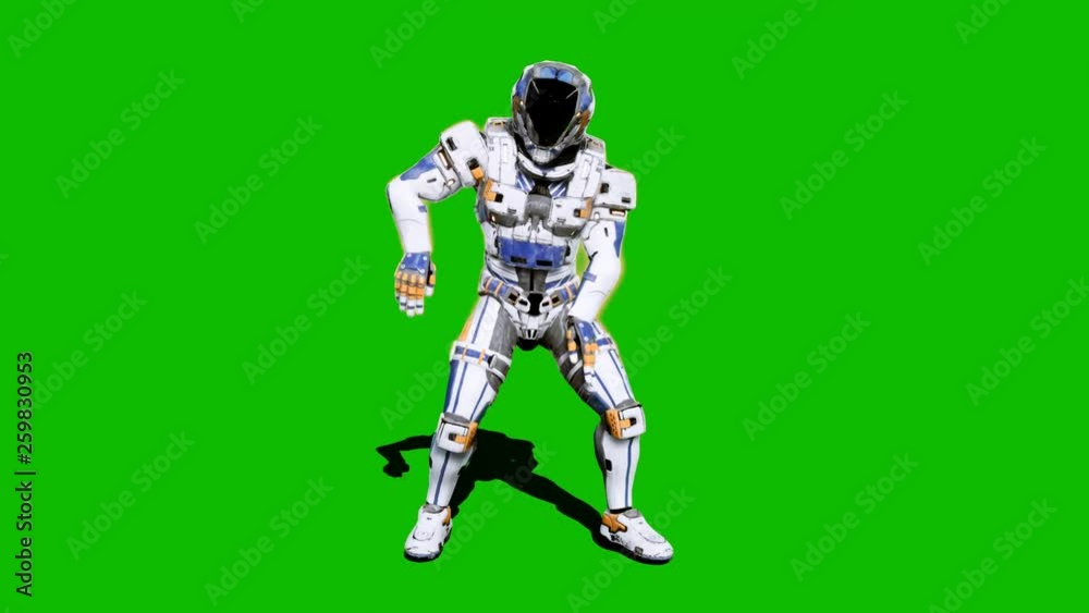 Astronaut-soldier of the future, dancing in front of a green screen. Looped realistic animation.
