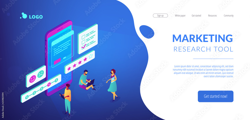 Tiny people at smartphone filling out questionnaire form and rating. Online survey, internet questionnaire form, marketing research tool concept. Isometric 3D website app landing web page template