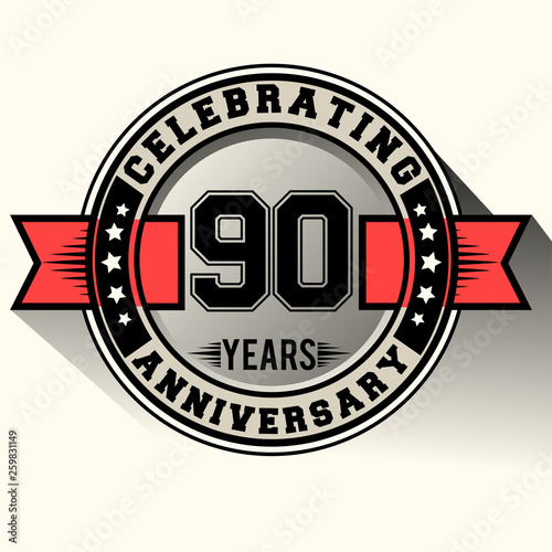 Celebrating 90 years anniversary logo vintage emblem with red ribbon, Retro vector design isolated on white background