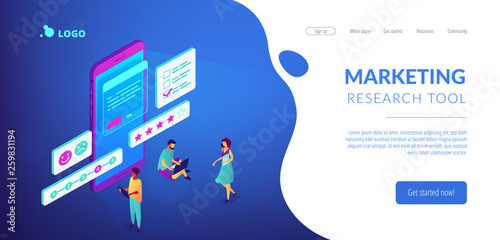 Tiny people at smartphone filling out questionnaire form and rating. Online survey, internet questionnaire form, marketing research tool concept. Isometric 3D website app landing web page template