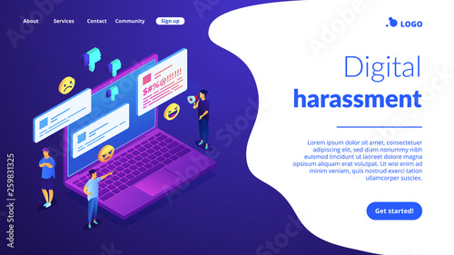 Troll quarreling and upsetting tiny people on internet with dislikes and messages. Internet trolling, digital harassment, internet behaviour concept. Isometric 3D website app landing web page template
