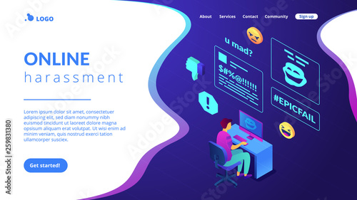 Targeted victim at computer abused and attacked online and cyberbullying. Internet shaming, online harassment, cyber crime action concept. Isometric 3D website app landing web page template