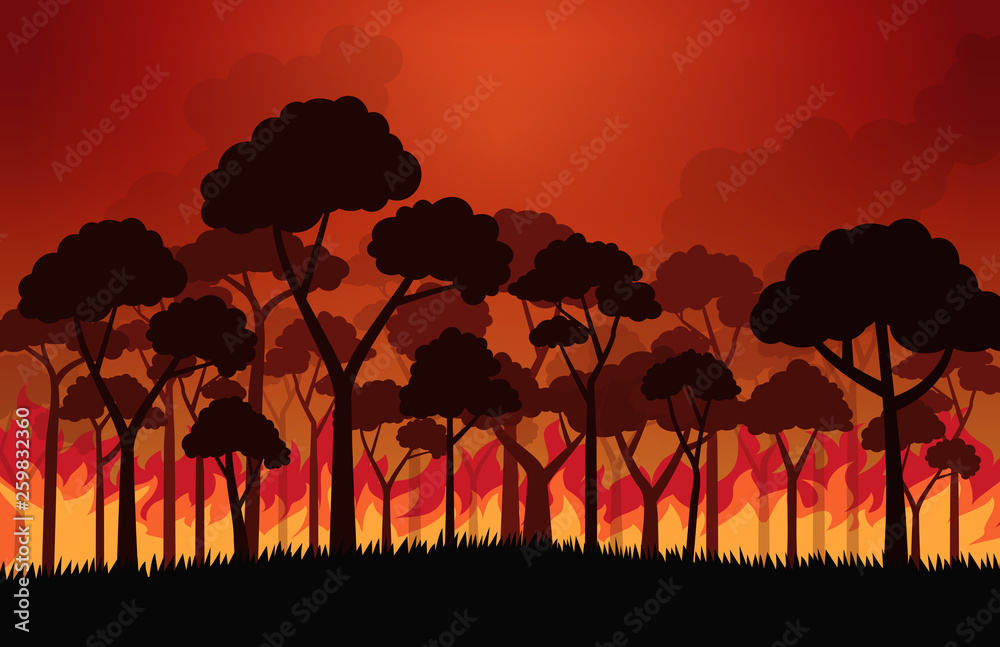 Naklejka premium Forest fires burning tree in fire flames - Vector illustration