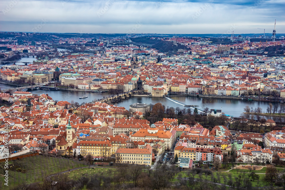 Aerial view of the Charles bridge and Old Town buildings in Prague, Czech Republic
