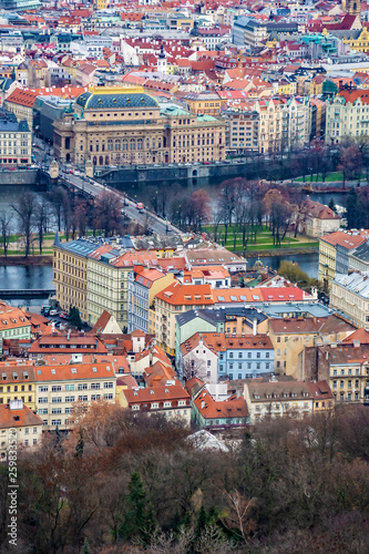 Aerial view of the National Theater, Vltava river and surrounding buildings in Prague, Czech Republic