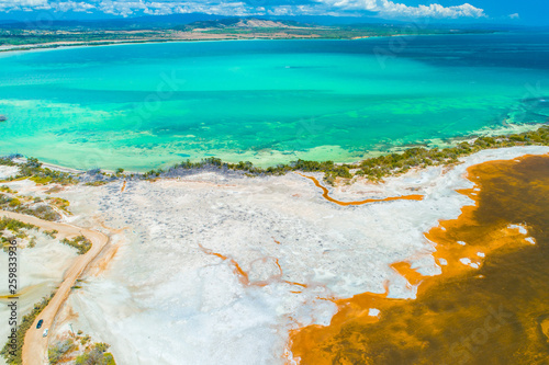 Aerial view of Puerto Rico. Faro Los Morrillos de Cabo Rojo. Playa Sucia beach and Salt lakes in Punta Jaguey.  photo