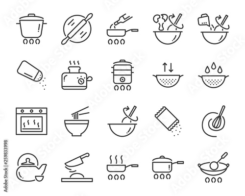 set of kitchen tools icons, such as knife, plate, oven, pan, fork, bowl, mixer