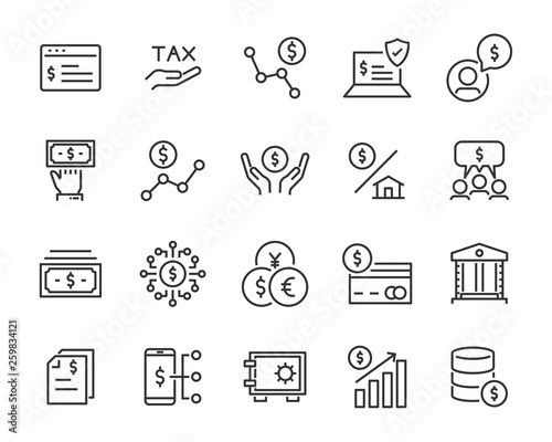 set of money icons, such as finance, statement, bank, coin, stock, currency, exchange
