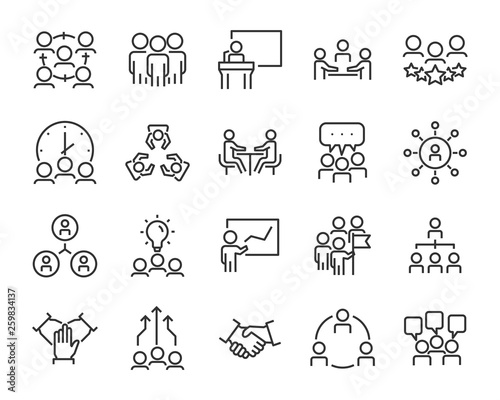 set of business people icons, such as meeting, team, structure, communication, member, group