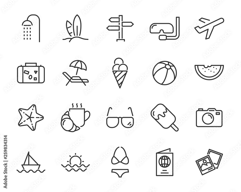 set of vacation icons, such as travel, summer, trip, holiday, beach, season