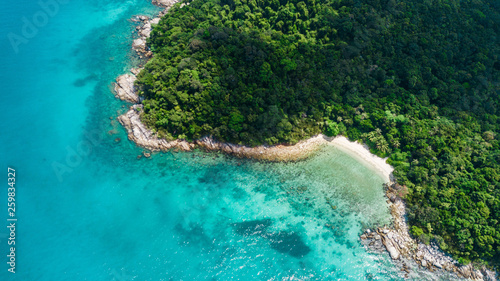 Aerial view of a beautiful beach in Malaysia. Turtle beach in Pulau Perhentian Kecil