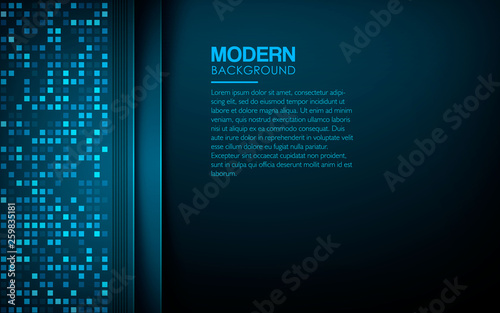 Dark abstract background with blue overlap layers. Modern texture with blue square glitters dots element decoration. Realistic dimension design vector illustration.
