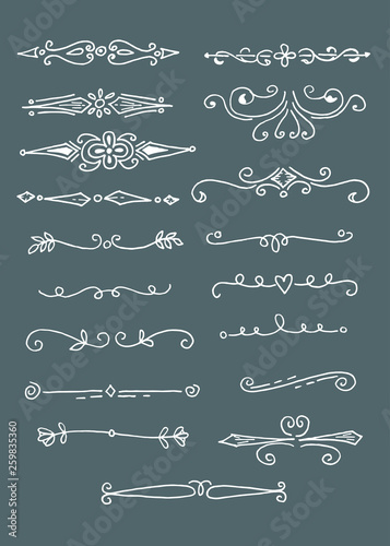 Hand Drawn set of doodle design elements, isolated on grey background