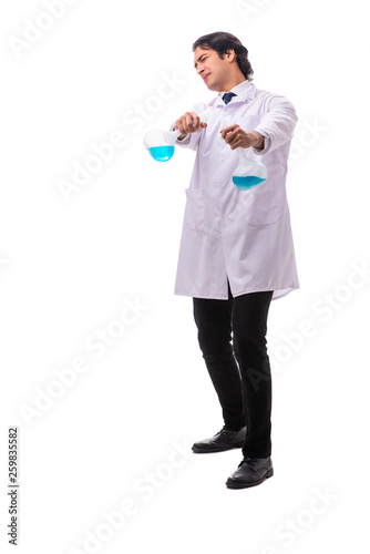 Young chemist isolated on white background 