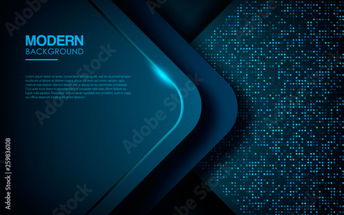 Dark abstract background with blue overlap layers. Modern shape with sparkle light and blue glitters dots element decoration. Realistic dimension design vector illustration.