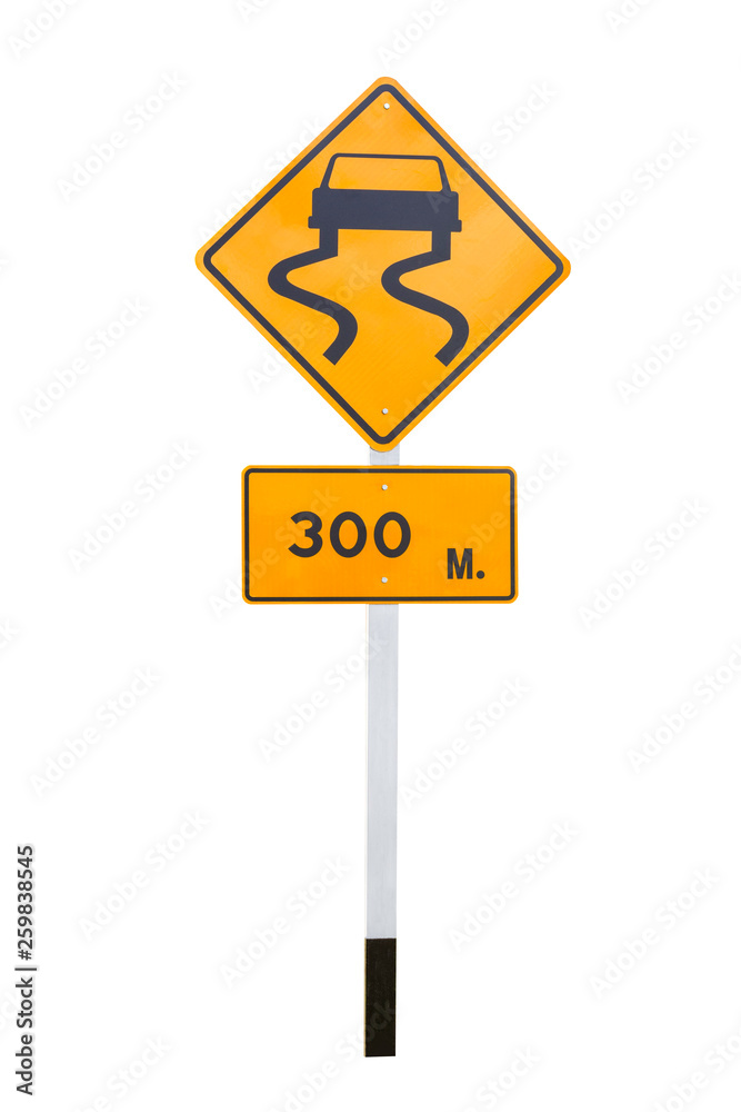 Slippy road sign or traffic sign isolated on white background. Awareness of driving and travel concept.Clipping path. Slippy road sign or traffic sign isolated on white background. Awareness of driving and travel concept.Clipping path.