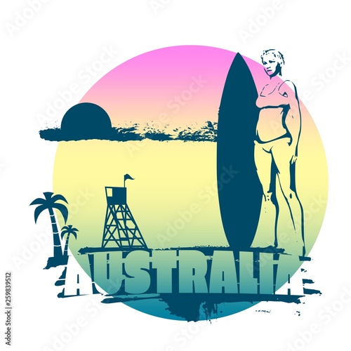 Woman posing with surfboard on grunge brush stroke. Monochrome silhouette. Vintage Surfing Graphic and Emblem. Palm and lifeguard tower on backdrop. Australia text