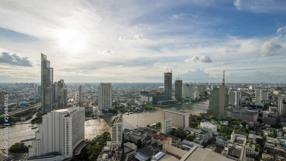 Aerial view  curve Chao Phraya River Bangkok city downtown skyline of bangkok Thailand on 2017, Panoramic Cityscape Thailand
