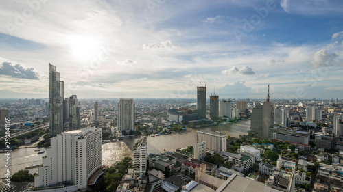 Aerial view curve Chao Phraya River Bangkok city downtown skyline of bangkok Thailand on 2017, Panoramic Cityscape Thailand