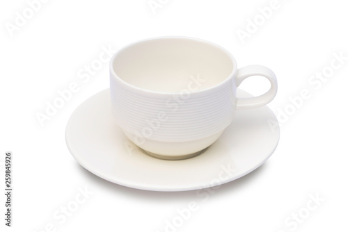Empty white cup of coffee with plate isolated on white background.