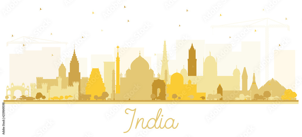India City Skyline Silhouette with Golden Buildings Isolated on White.