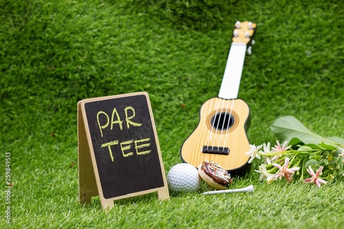 Golf Party with board par tee with golf ball and guitar on green grass