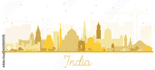 India City Skyline Silhouette with Golden Buildings Isolated on White.