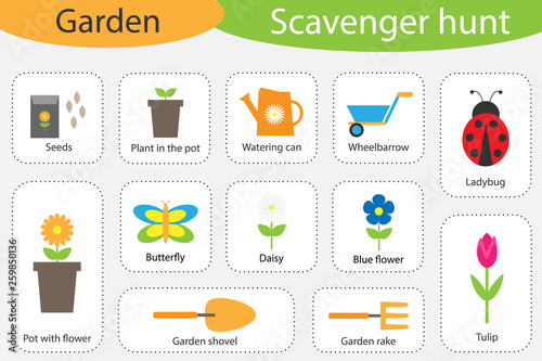Scavenger hunt, garden theme, different colorful pictures for children, fun education search game for kids, development for toddlers, preschool activity, set of icons, vector illustration