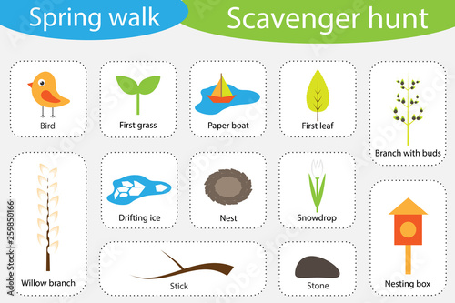 Scavenger hunt, spring walk, different colorful pictures for children, fun education search game for kids, development for toddlers, preschool activity, set of icons, vector illustration
